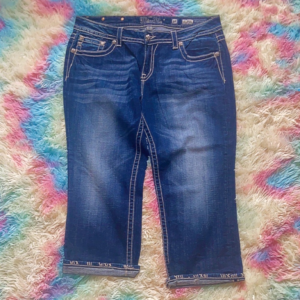 Size 34 new miss me jeans easy cropped cut with faux leather embroidered jewels